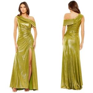Mac Duggal Metallic Apple Green Off The Shoulder Ruched Waist Slit Gown